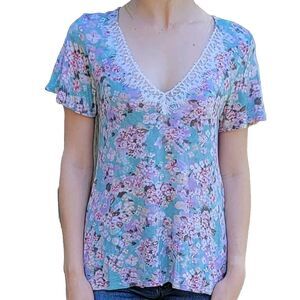 Buckle Daytrip Extra Small Tee Blouse Top Flowy Floral Turquoise Lace Stretch